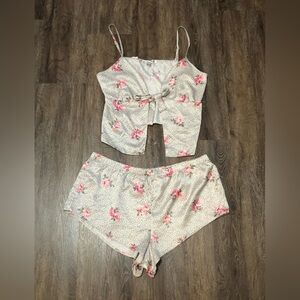 NWT - Floral Print Satin Pajama Set - Pink/Beige